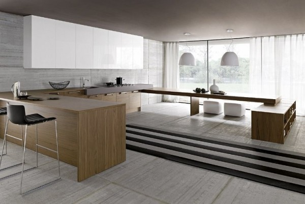 This elevated kitchen is Zen-like with its simple line, wood themes, and clean aesthetic.