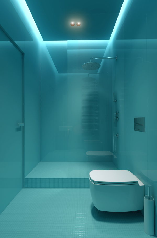The aqua lighting in the shower room creates an under water atmosphere 