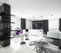 The highly polished monochrome interior design is staged upon an attention grabbing floor treatment, which shows off a slick graphic that waves and swirls down the entire length of the room.
