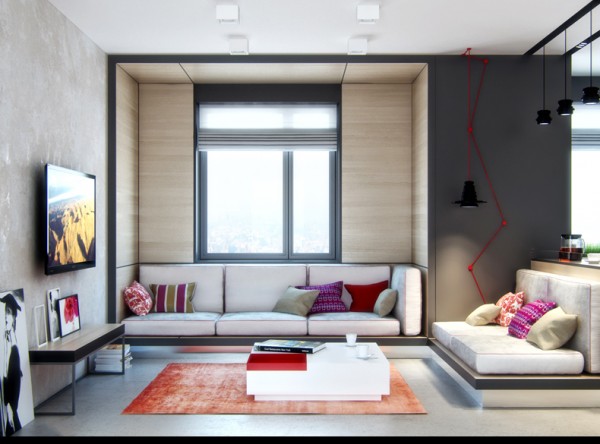 The first of this duo of designs is a home in Kiev, which has a feminine feel without resorting to the all too overused pink and sparkly, or fuzzy red love hearts, though this visual does have a funky lipstick-red current running through it that has been clashed with purple-pink and a zesty splash of orange. The apartment was designed for a young girl â€œliving in the rhythm of the 'Big Cityâ€.