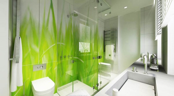 Another bathroom embraces a blast of natural color in the form of a tiled wall mural.