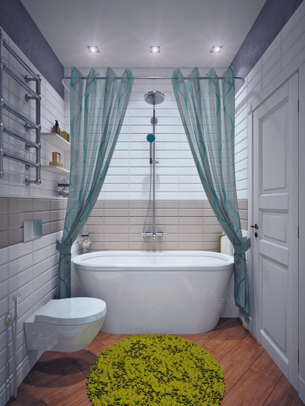 A center-parted shower curtain makes a theatrical centerpiece of the bath tub and shower.