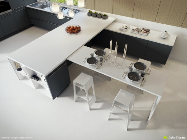 This layout provides an angular solution to kitchen meets dining room, where the run of kitchen units morph into dining area storage.