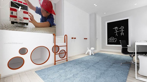 This young boys bedroom design offers up a fun play area underneath the bunk.
