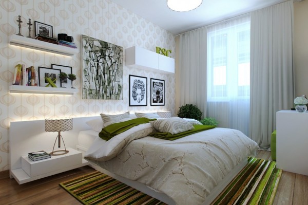 In this version of the same layout, the design goes back to the tried and tested wallpaper route as a feature wall covering, and this time the soft bedside illumination glows out from the top of the headboard, and from beneath shallow shelving. A natural color palette is used again in this one, but this time the fresh vivid green accents are the stars of the show.