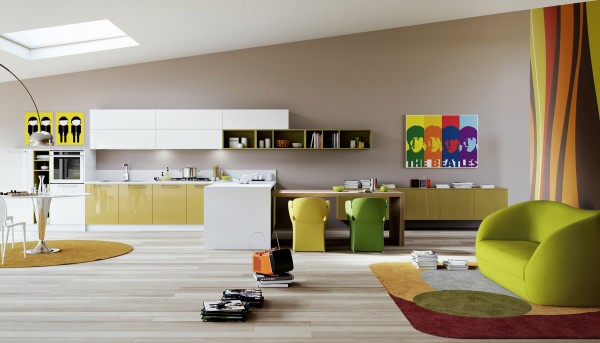 The kitchen units in this room are a sunny mix of yellow and white gloss fronts, but it really is the bright wall art and dining chairs that make this design sing. A nearby lounge area pulls in more color too, with the introduction of a psychedelic feature wall, graphic rug and contemporary sofa.