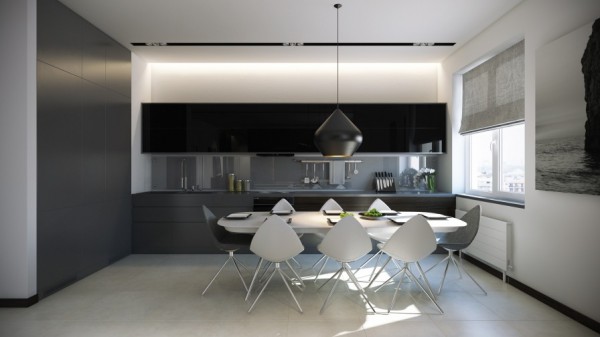 The over-table pendant light in the kitchen has been selected for its similarity in shape to that of the eight contemporary dining chairs.