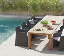 We're kicking off our search with wicker furniture. Resin wicker is weather resistant so can be left out for years in the sun, snow and wind thanks to its synthetic polyethylene make-up, unlike regular wicker that would only last about a year out in the elements before it started to break down and lose its beauty. All weather wicker is widely available and looks great when teamed with tables of other materials too.