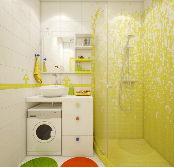 Colorful choices in the shower room/utility room distract the eye from its limited proportions.