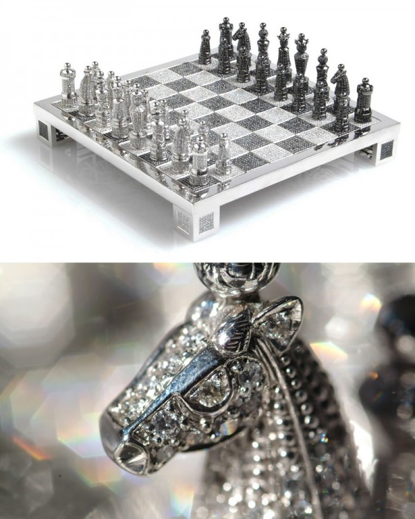 The $500,000 Charles Hollander Royal Diamond Chess Set is made entirely out of 14 carat white gold and 9900 black and white diamonds. The set took over 4500 hours of intricate hand-work, completed by thirty craftsmen, under the direction of Maquin.