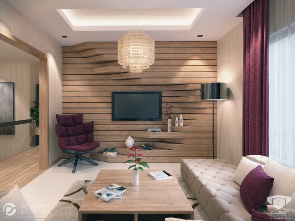 The extruded sections of this wooden feature wall are both design and function, becoming shelf space as they swell at the lower half of the wall.