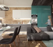 In the kitchen, a tall bank of bright turquoise units have been added to a white and gray cabinet combination, with striking results. In the foreground, we see that the lounge sofa also explores an interesting color contrast within its modules.