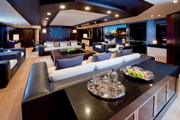 The main saloon of this yacht has been meticulously designed to be a stunning entertaining space.