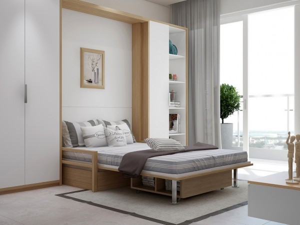 A pull-out bed allows the room to be used for other purposes during the day.
