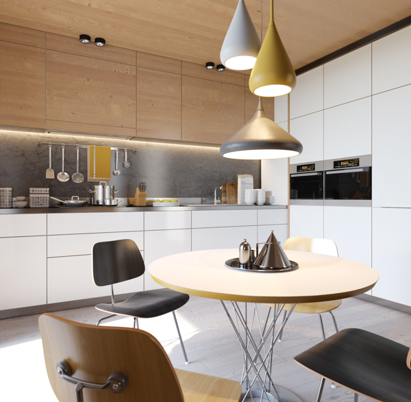 A cluster of lights brings all the hues of this kitchen together.