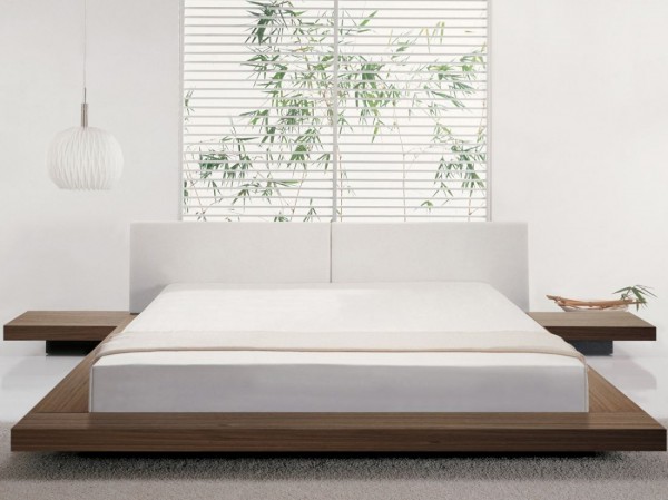 This contemporary Japanese platform bed includes low slung bedside tables.