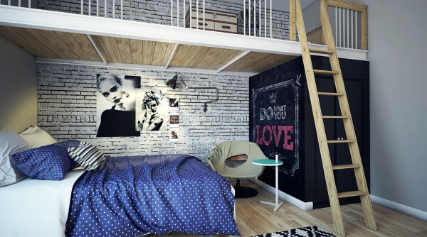 This teenage girls bedroom features a long mezzanine level that can be used as a dressing room or a hobby area. A blackboard wall acts as a display place for changing personal art.