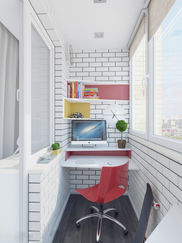The second home workspace nestles in a tight spot, but what it lacks in dimensions it makes up for in cheerful color and striking form.