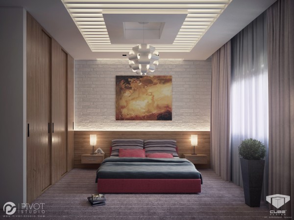 This bedroom has a much softer scheme, where light filters through a shutter design in the center of the ceiling.