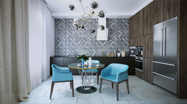 Kitchen units are kept low level apart from a run of full height units on one wall. In absence of wall units, CoreDeco feature tiles with a diagonal stripe design have been mounted in varying directions for an awesome effect.