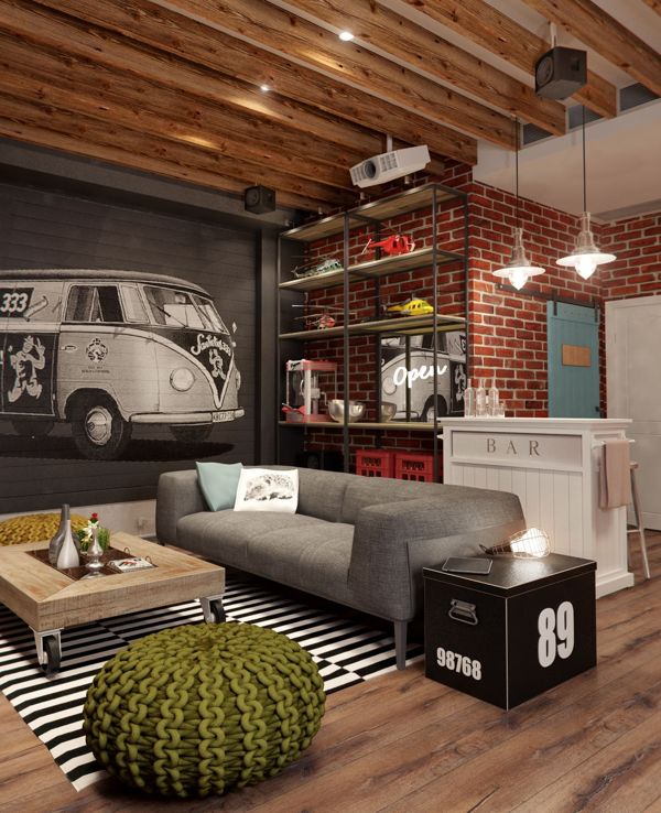 The basement room has a cool, grungy and slightly kitsch style–complete with a bar–that rings perfect for a man-den.