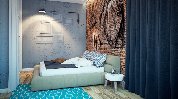 In the master bedroom, a mural has been painted directly onto the exposed brickwork. An upholstered platform bed and a bright patterned rug bring a look of plush comfort despite the raw surrounds.