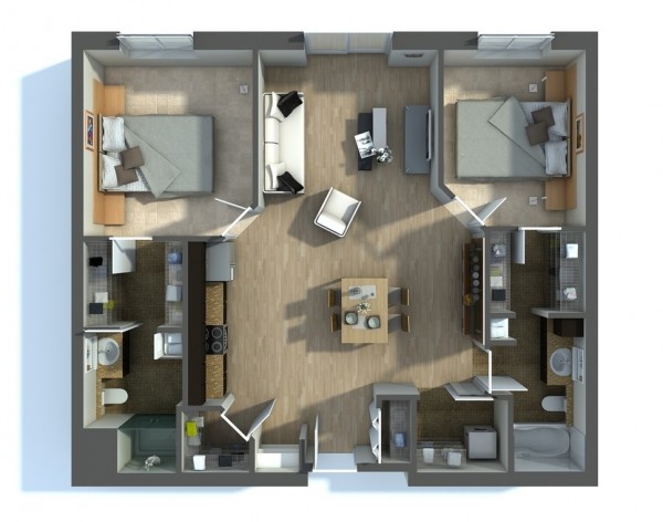 پلان سه بعدی آپارتمان 2 خوابه،پلان چیدمان سه بعدی