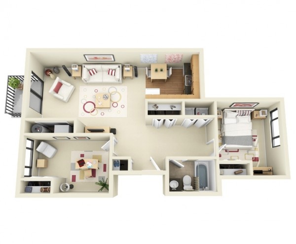 In this visualization, you'll see that a spacious two bedroom can be turned into a paradise for the single or a couple looking for a balance between work and living space. The master bedroom here is turned into a large office yet remains just private enough to not disturb the rest of the apartment, which has ample closet space even in such an efficient design.