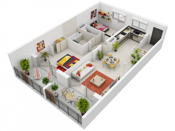 When you think of a modern apartment, we'd bet you'd visualize a lot of clean lines and natural light. This apartment plan captures just that with bright pops of color set against pristine white wall and floors. Natural light shines through the space from a wall of windows and glass doors leading to a charming balcony.