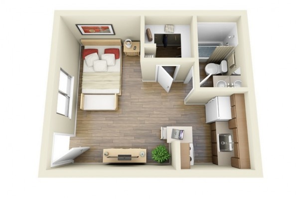 Found on RentCafe, this small space shows that you can live comfortably without leaving a large footprint.