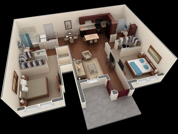 In another visualization from the same complex, you'll see ideal living for two with even more privacy in this layout. Bedrooms are positioned at opposite ends of the apartment with common living areas shared in the center.