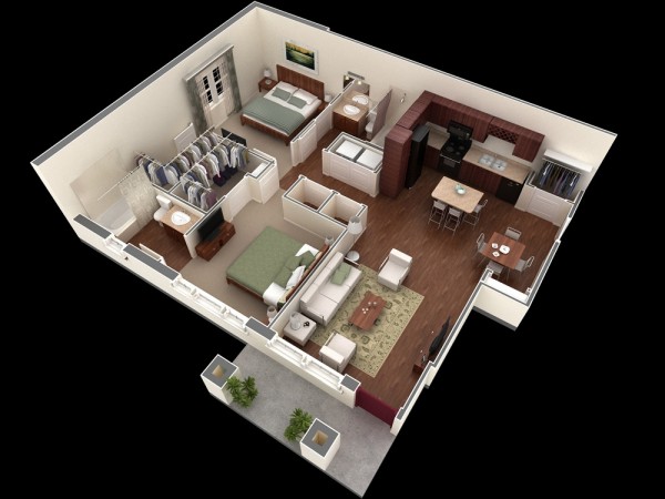 When you think of the perfect apartment for young professionals or roommates, this plan may be exactly what you imagined. Rich hardwoods in the floor and cabinets, easily accessible private bathrooms, a nicely sized kitchen with island, and ample closet space make this apartment a paradise for those seeking a comfortable space for two.