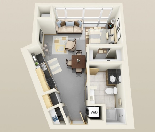 Angles don't have to mean loss of space or utility. This interesting layout is still usable and comfortable.