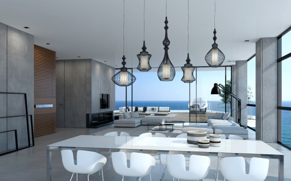 Now, we'll jet off to Tel Aviv where traditional elements blend with modern aesthetics. In this penthouse, you'll see smooth concrete and plenty of windows (oh, yes, more windows to die for), but the layout and feel is so much more airy and light. A touch of wood there. A speckle of metal there. Over the table hangs a series of lanterns: a calling to the cultural history of Tel Aviv.