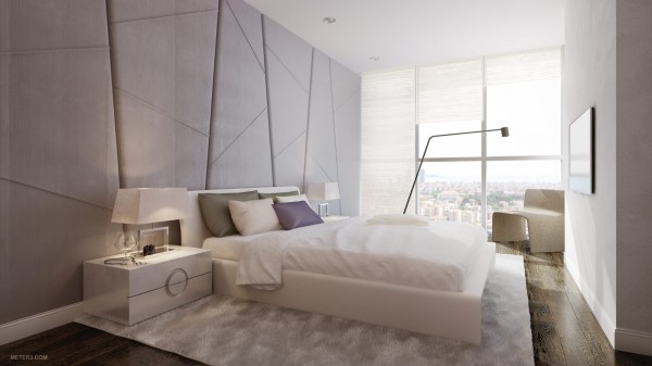 The bedroom is whimsical, with textured walls, soft linens, and fabrics that beg to be touched. Simple furnishings create calm in this penthouse sanctuary.
