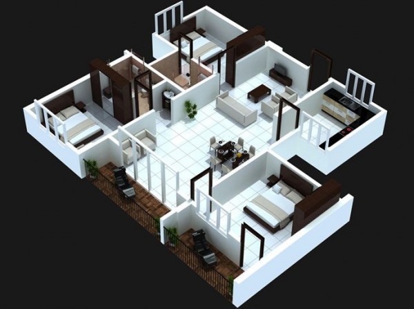 First Floor Plan With Balcony 3D