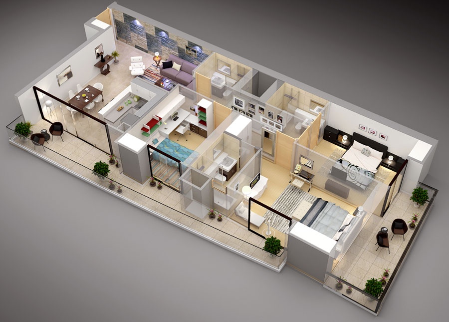 3 Bedroom Apartment House Plans,Layout Landscape Design Drawing Templates