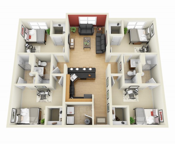 4 Bedroom Apartment House Plans 50 x 40 (45 x 35) west face house plan map naksha walk through. interior design ideas