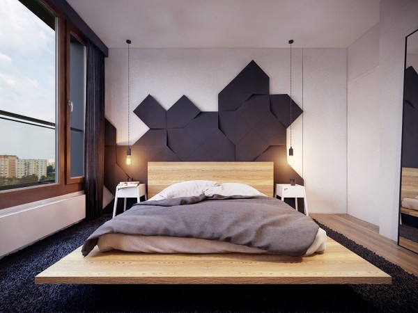 A wooden platform bed with a creative headboard makes for the perfect retreat.