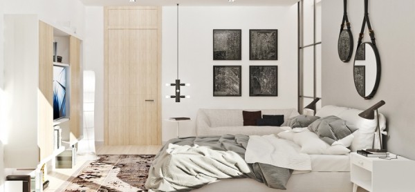 While a custom shelving unit can hide the television at a moment's notice for a good night's sleep.