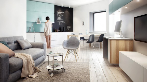 Although originally designed with just one bedroom, the team at Int2 was able to turn this 64 square meter St. Petersburg apartment into a space able to accommodate a master bedroom as well as a separate room for a child. Again, creative storage and cool, neutral color schemes keep this sunny apartment feeling very livable despite its constraints.