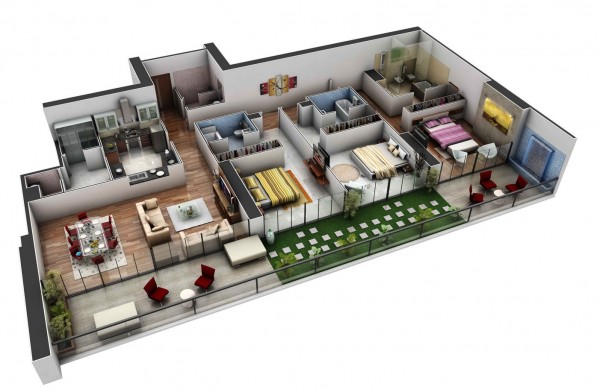 In a spacious design that would be perfect for roommates, this three bedroom house includes private baths for each room and a separate guest bath in the front hall. Outdoor lounging areas complete this modern, luxurious layout.
