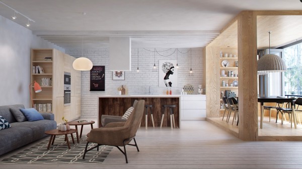 This goal of the Int2 team in this final St. Petersburg apartment was to maximize open space while giving the occupant dedicated, functional areas for living. This began with inserting a separate but open "dining room" in the form of a wooden box, with accordion windows that let in plenty of fresh air and sunlight.
