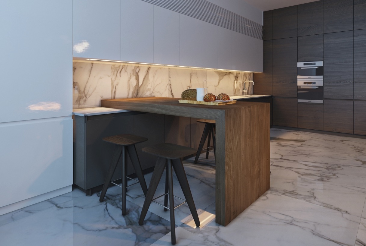 white kitchen shelves with granite countertops