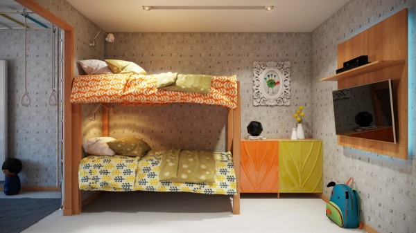 When it comes time to rest, kids can retreat to the bedroom area, which features colorful bunk beds.