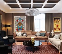 First, the living room is dominated by an array of patterns and colors, from two bright wall hangings to a geometric print rug.