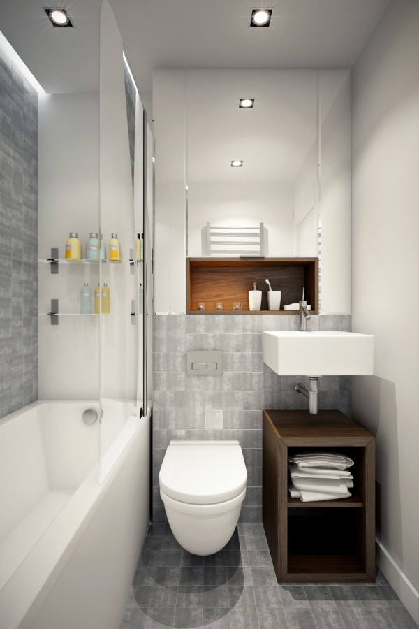 Despite the small space, the designer makes room for a full sized tub...