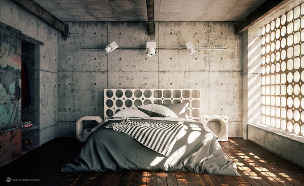 The cement walls and cool window treatment in this industrial bedroom make it feel like a modern bunker.