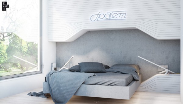 That element carries over into the bedroom, where a cozy platform bed sits nestled into the wall.
