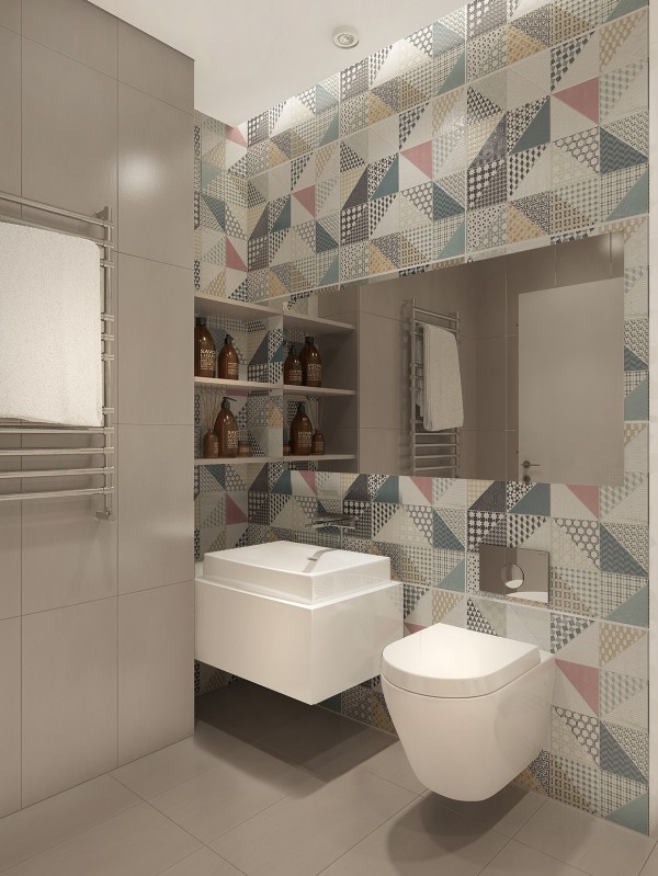 Juxtaposing the pattern with white fixtures and gray walls keeps it from being too loud.